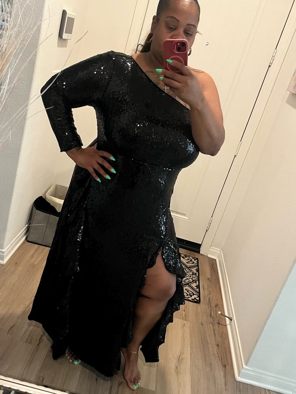 Eloquii Black One-Shoulder Sequin Evening Gown with High Slit